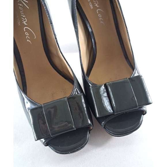 Womens Kenneth Cole Shop It 5" Heels Gray Pewter Chunky Peep Toe Bows Leather 10 - Picture 3 of 8